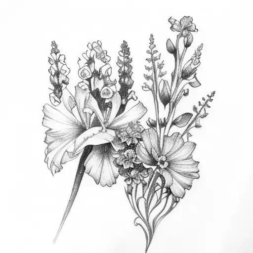 bouquet flowers with Larkspur, violets, chrysanthemum and gladiolus tattoo design idea