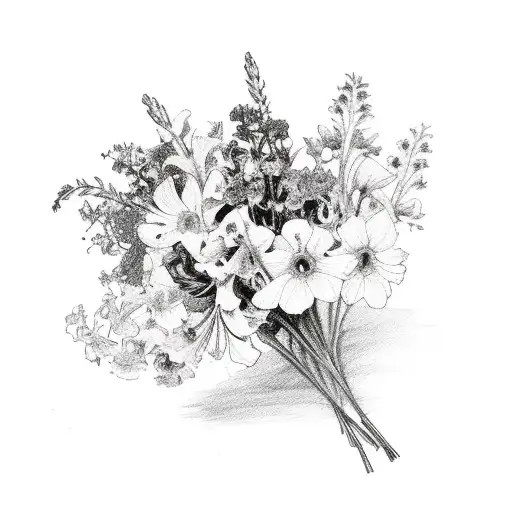 bouquet flowers with Larkspur, violets, chrysanthemum and gladiolus tattoo design idea