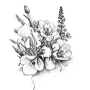 bouquet flowers with Larkspur, violets, chrysanthemum and gladiolus tattoo design idea