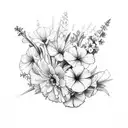 bouquet flowers with Larkspur, violets, chrysanthemum and gladiolus tattoo design idea