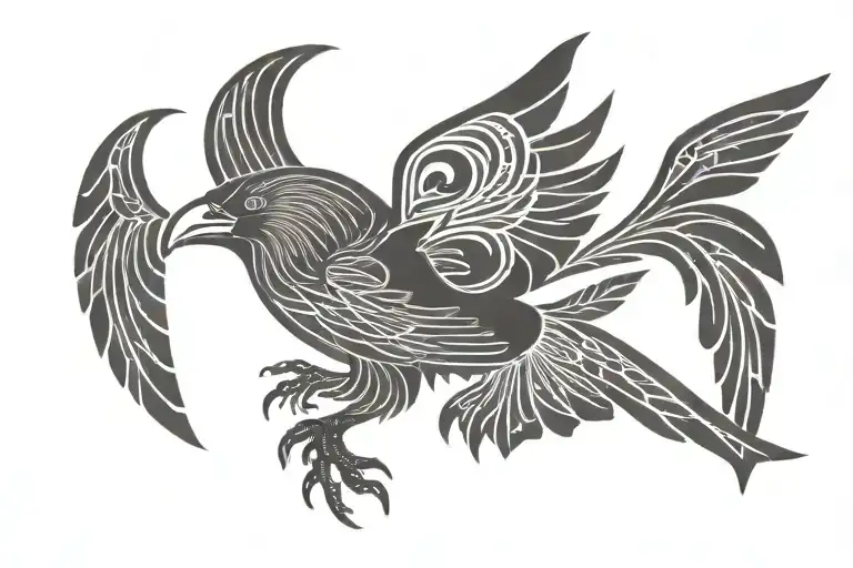 a flying Cornish chough with no background and wings spread tattoo design idea
