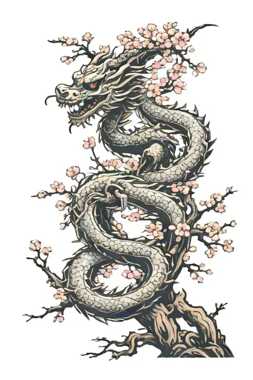 cherry blossom tree representing life and a dragon wrapping around it  representing death tattoo design idea