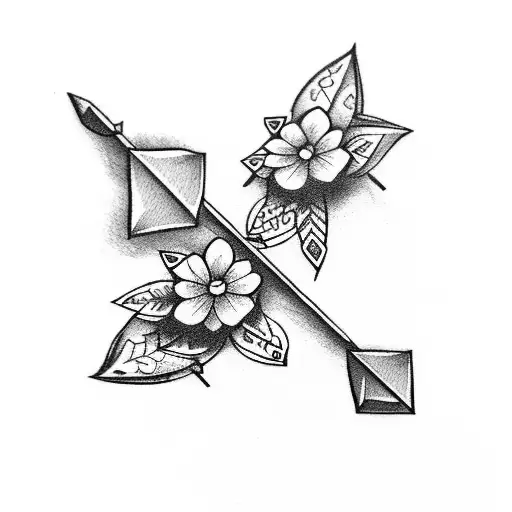 straight arrow with three small flowers and leaf around the arrow  tattoo design idea