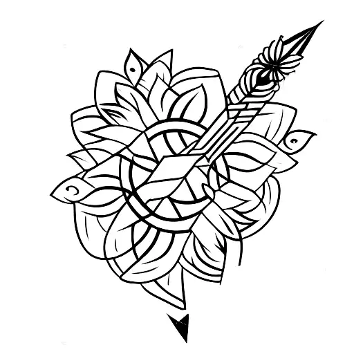 arrow with three flowers and leaf tattoo design idea