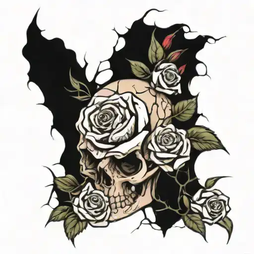 dying roses growing inside a cracked skull tattoo design idea