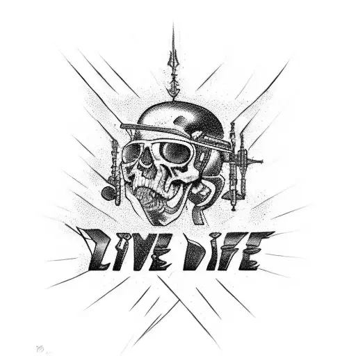Incorporate the phrase " Live fast die young" in a cool, edgy perhaps cyberpunk design tattoo design idea