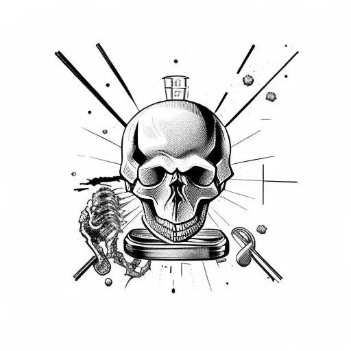 skull with drugs and live fast die young written somewhere, synthwave style, miami vice tattoo design idea