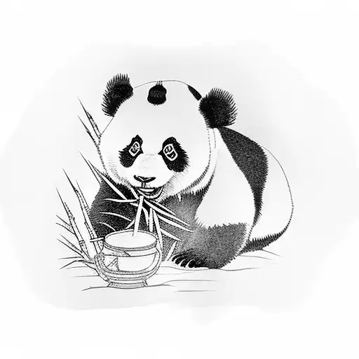  panda eating bamboo, with some trees around tattoo design idea