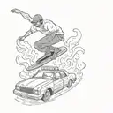 A skateboarder doing a tray flip over cop car on fire with crime screen caution taper body chalk line and a few tattoo design idea