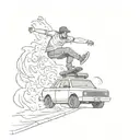 A skateboarder doing a tray flip over cop car on fire with crime screen caution taper body chalk line and a few tattoo design idea