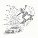 A skateboarder doing a tray flip over cop car on fire with crime screen caution taper body chalk line and a few tattoo design idea