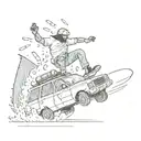 A skateboarder doing a tray flip over cop car on fire with crime screen caution taper body chalk line and a few tattoo design idea