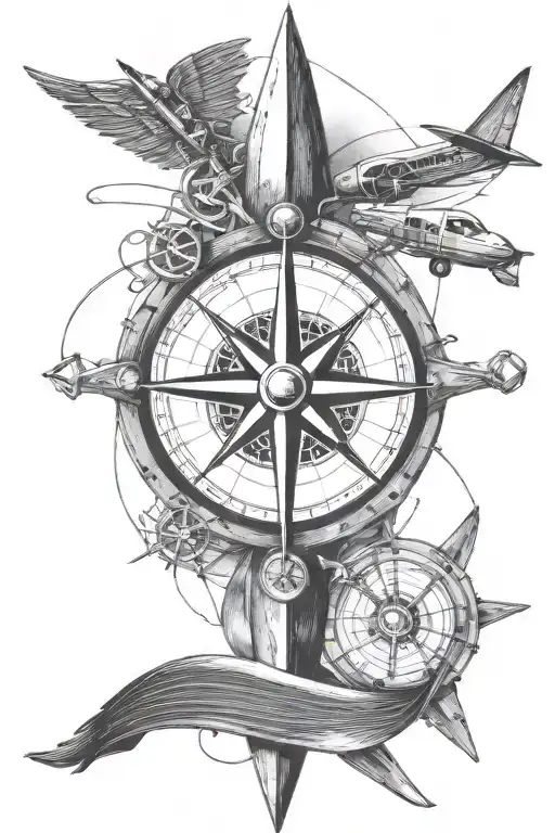 A stylized compass rose with guitar strings and airplane propellers, symbolizing your love for exploration and travel, as well as your passion for music tattoo design idea