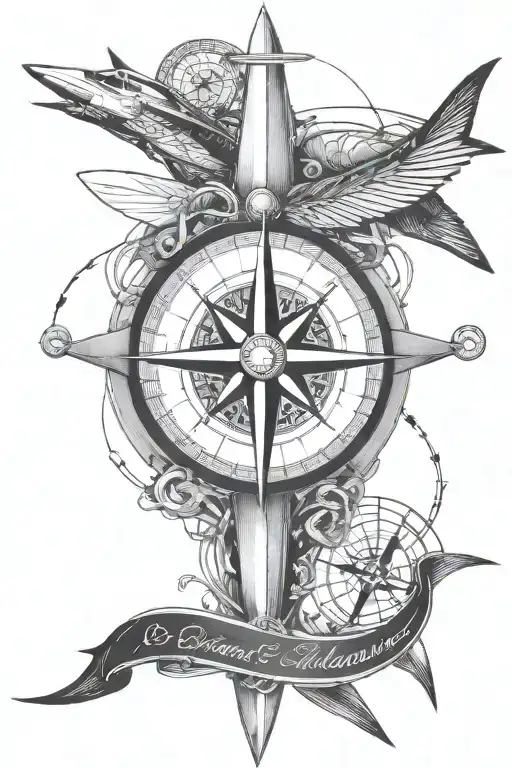 A stylized compass made with guitar strings and airplane propellers, symbolizing, dicipline  tattoo design idea