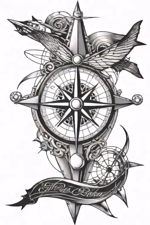 A stylized compass rose with guitar strings and airplane propellers, symbolizing your love for exploration and travel, as well as your passion for music tattoo design idea
