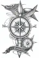 A stylized compass made with guitar strings and airplane propellers, symbolizing, dicipline  tattoo design idea