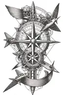 A stylized compass rose with guitar strings and airplane propellers, symbolizing your love for exploration and travel, as well as your passion for music tattoo design idea