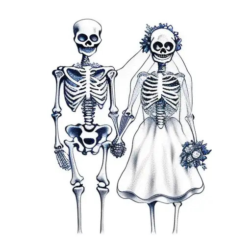 skeleton bride and groom holding hands; number 13 incorporated tattoo design idea