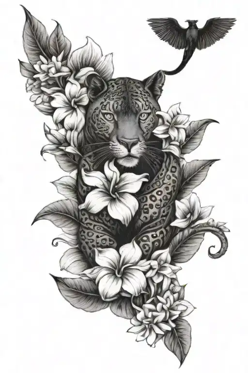 plumeria flowers surrounding elbow and black panther on shoulder- full sleeve tatoo tattoo design idea