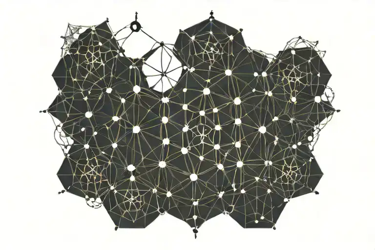 Serotonine molecule with one molecule geometrical corect, with a flower of life pattern, and the other molecule abstract tattoo design idea
