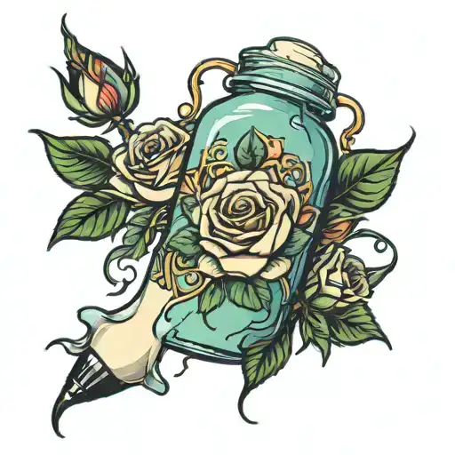 baby bottle spilling milk with roses and thorns tattoo design idea