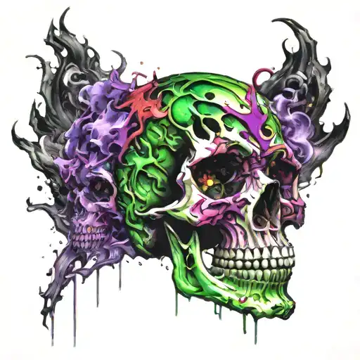 decaying skull with purple and green flame aura tattoo design idea