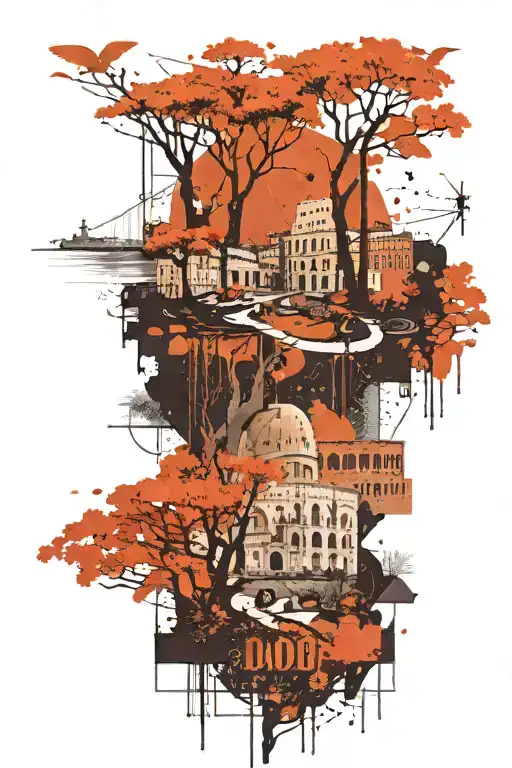at the top is a map of the world, then the sea, then the sea, orange trees, Colosseo Quadrato. tattoo design idea