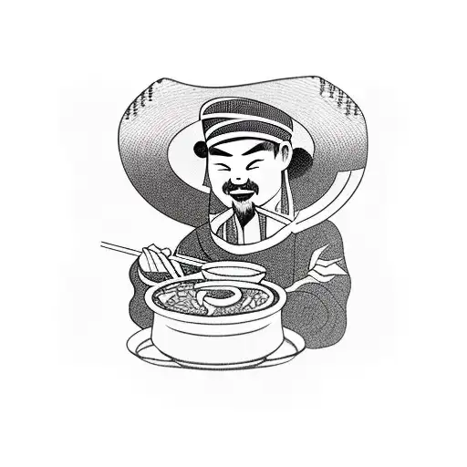chinese man eating noodles with rice hat tattoo design idea