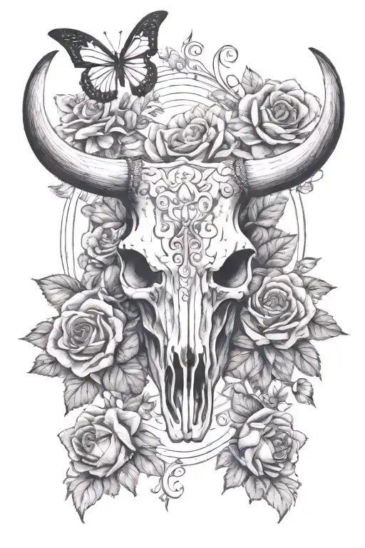 A majestic longhorn skull surrounded by a field of vibrant roses and butterflies tattoo design idea