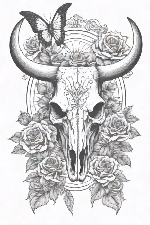 A majestic longhorn skull surrounded by a field of vibrant roses and butterflies tattoo design idea