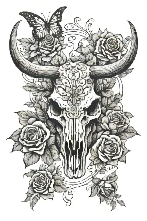A majestic longhorn skull surrounded by a field of vibrant roses and butterflies tattoo design idea