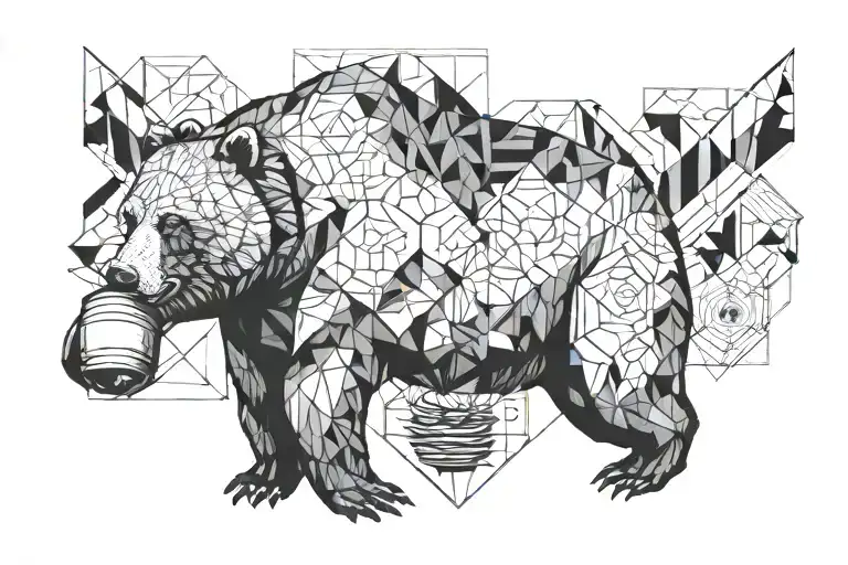 bear eats honey from a barrel geometry on the chest tattoo design idea