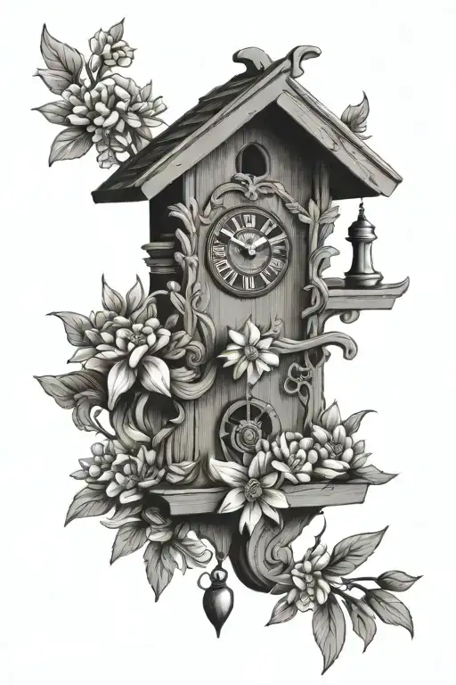 cuckoo clock German with pretzel and edelweiss flowers around simple and delicate  tattoo design idea