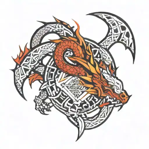 dragon and geometric symbols incorporated tattoo design idea