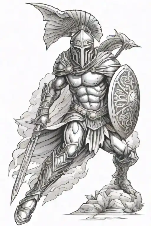 spartan male wit spear and shield and also background of nature tattoo design idea