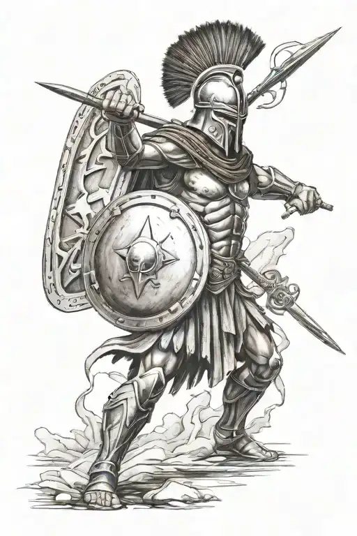 Spartan on his side wit his spear in his left hand and his shield in his rigt hand tattoo design idea