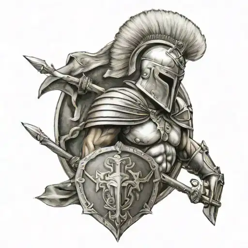 Spartan helmed wit spear and shield crossed tattoo design idea