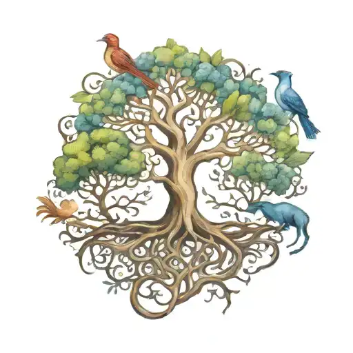 tree of life with roots with a woman's body as the trunk and 3 small birds playing in the branches  tattoo design idea