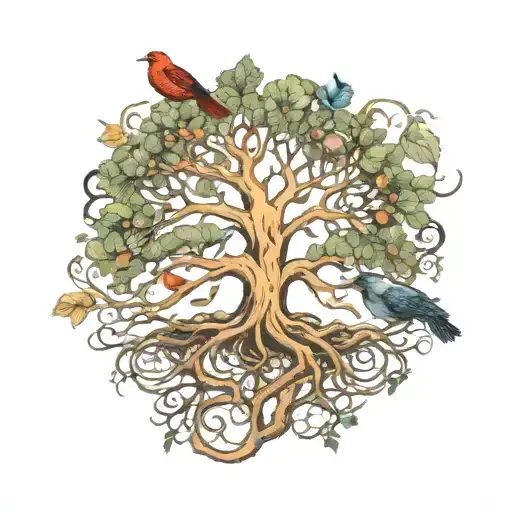 tree of life with roots with a woman's body as the trunk and 3 birds playing in the branches  tattoo design idea
