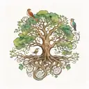 tree of life with roots with a woman's body as the trunk and 3 small birds playing in the branches  tattoo design idea