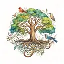 tree of life with roots with a woman's body as the trunk and 3 small birds playing in the branches  tattoo design idea