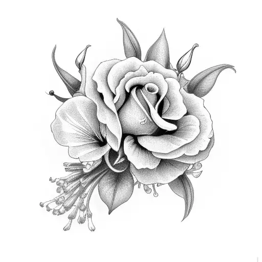 garden roses, liliacs and delphinium tattoo design idea