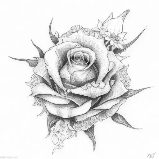 garden roses, sunflower, liliacs and delphinium tattoo design idea
