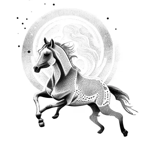 A dotwork tattoo of a horse galloping through a desert landscape with a sunset sky tattoo design idea