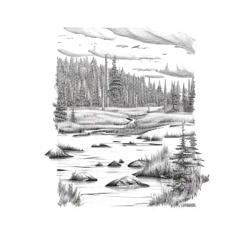 A sketch-style landscape of Minnesota's iconic Boundary Waters tattoo design idea