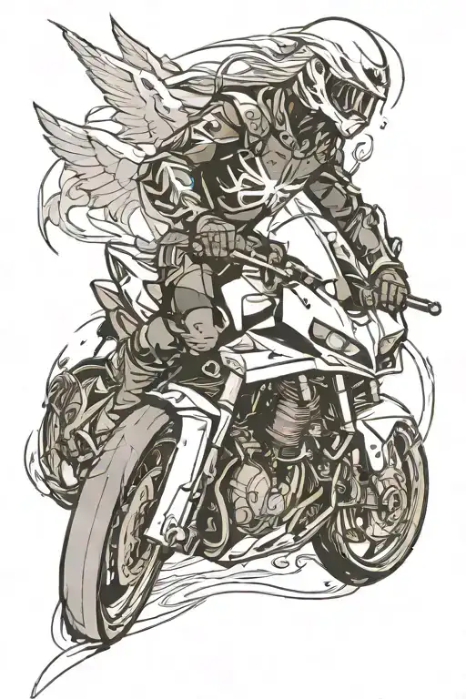 Motorcycle yamaha r1 with an angel rider black white, blurry dark background tattoo design idea