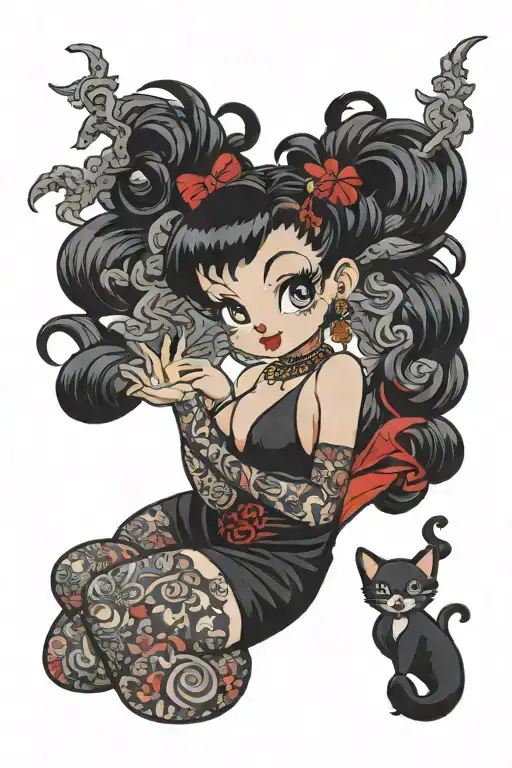 curvy Betty Boop shaka sign wearing stockings and a black dress tattoo design idea
