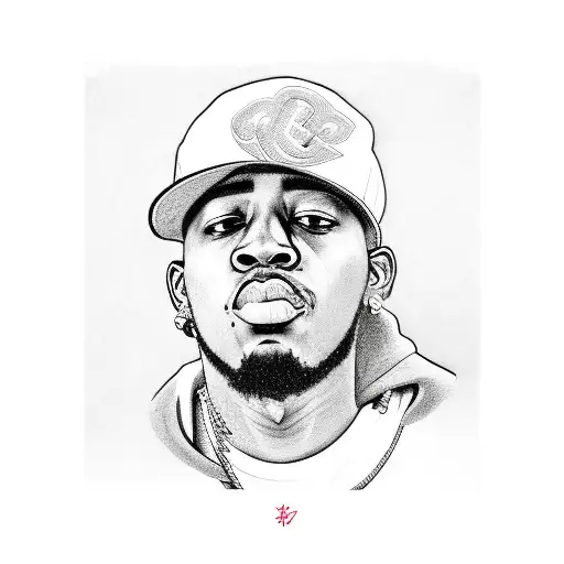 A realistic portrait of a famous rapper holding a microphone surrounded by vibrant graffiti art tattoo design idea