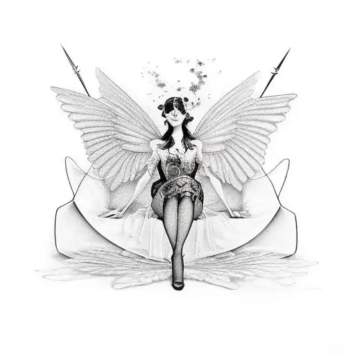 Absinthe Green Fairy sitting in an absinthe drinking glass with long draping wings tattoo design idea