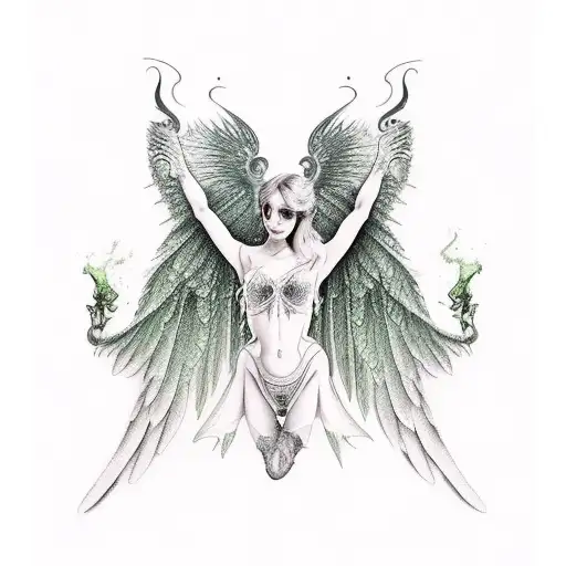 Absinthe Green Fairy sitting in an absinthe glass with long draping wings tattoo design idea